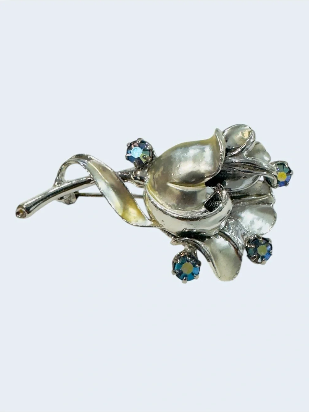 Vintage Silvertone Tulip Brooch – Aurora Borealis Rhinestone Floral Pin